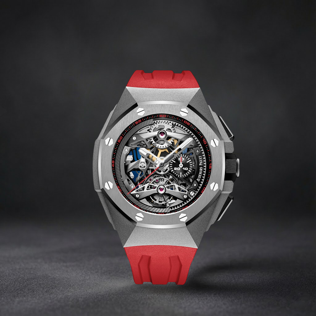 Luxury Swiss-Style Watch | Automatic Chronograph | Skeleton Dial with Red Accents | 904L Stainless Steel Case | Sport Rubber Strap