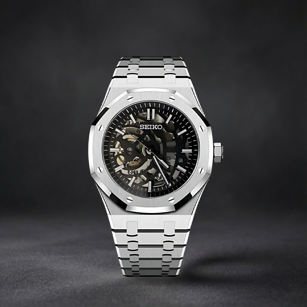 Luxury Japanese Watch | Automatic Skeleton Movement | Black Dial with Exposed Mechanics | Stainless Steel Case & Bracelet