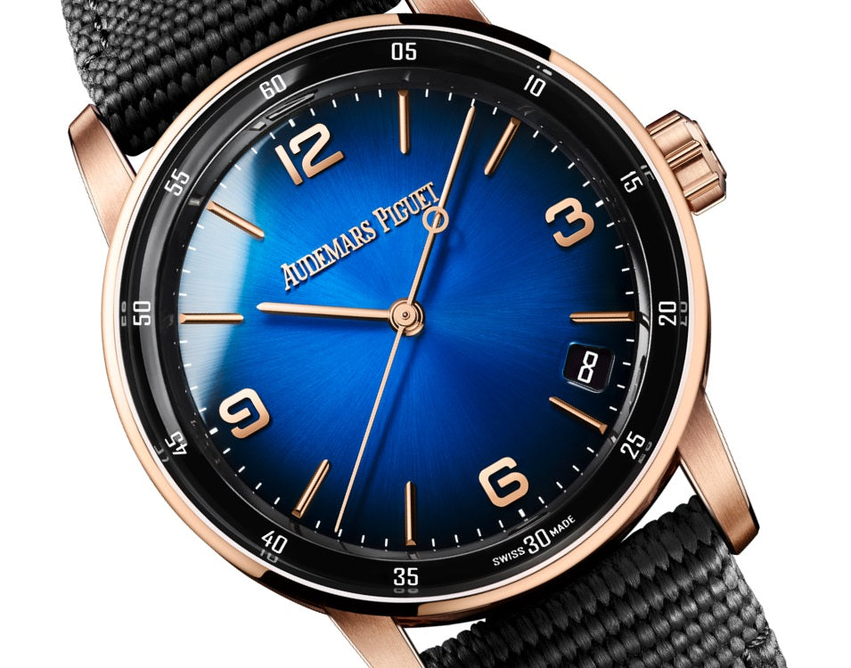 Luxury Swiss-Style Watch | Automatic Movement | Blue Sunburst Dial with Rose-Tone Hour Markers | 904L Stainless Steel Case | Fabric Strap