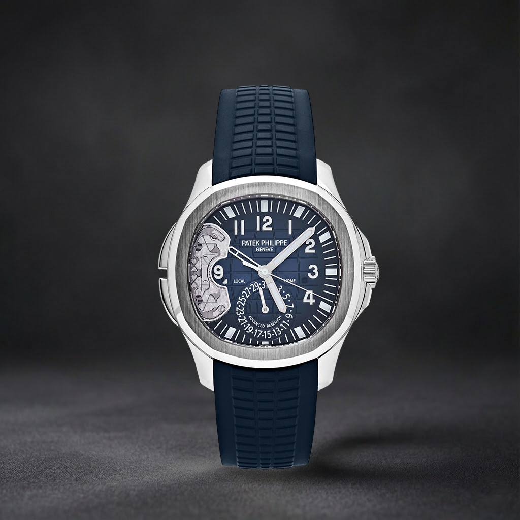 Luxury Swiss Watch | Automatic Movement | Blue Dial | Stainless Steel Case | Blue Rubber Strap | Open Balance Window