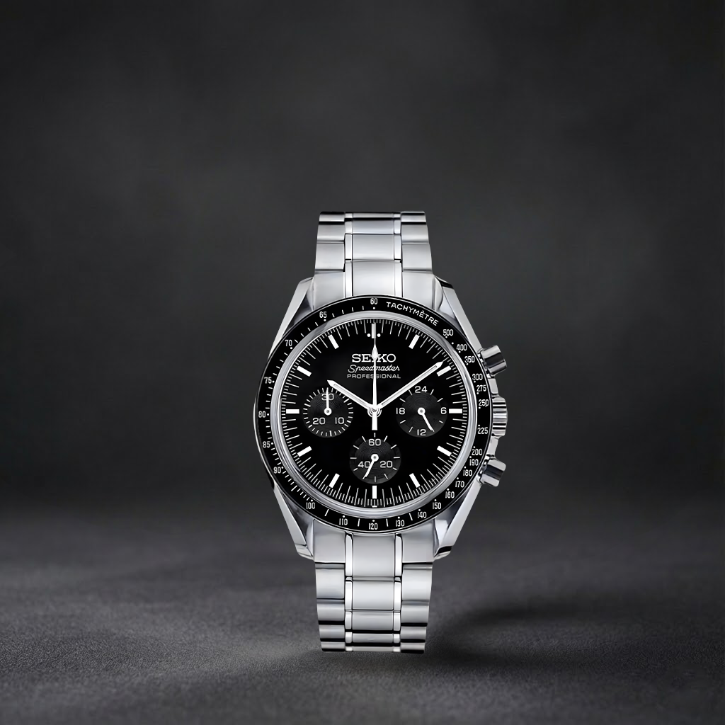Luxury Swiss-Style Watch | Automatic Movement | Black Dial with Tachymeter Bezel | Stainless Steel Case | Metal Bracelet