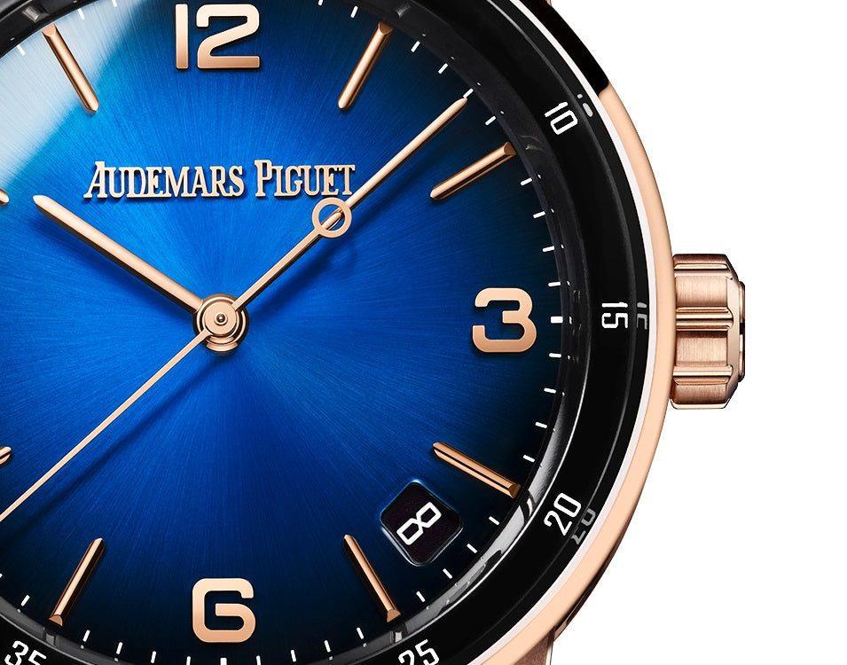 Luxury Swiss-Style Watch | Automatic Movement | Blue Sunburst Dial with Rose-Tone Hour Markers | 904L Stainless Steel Case | Fabric Strap