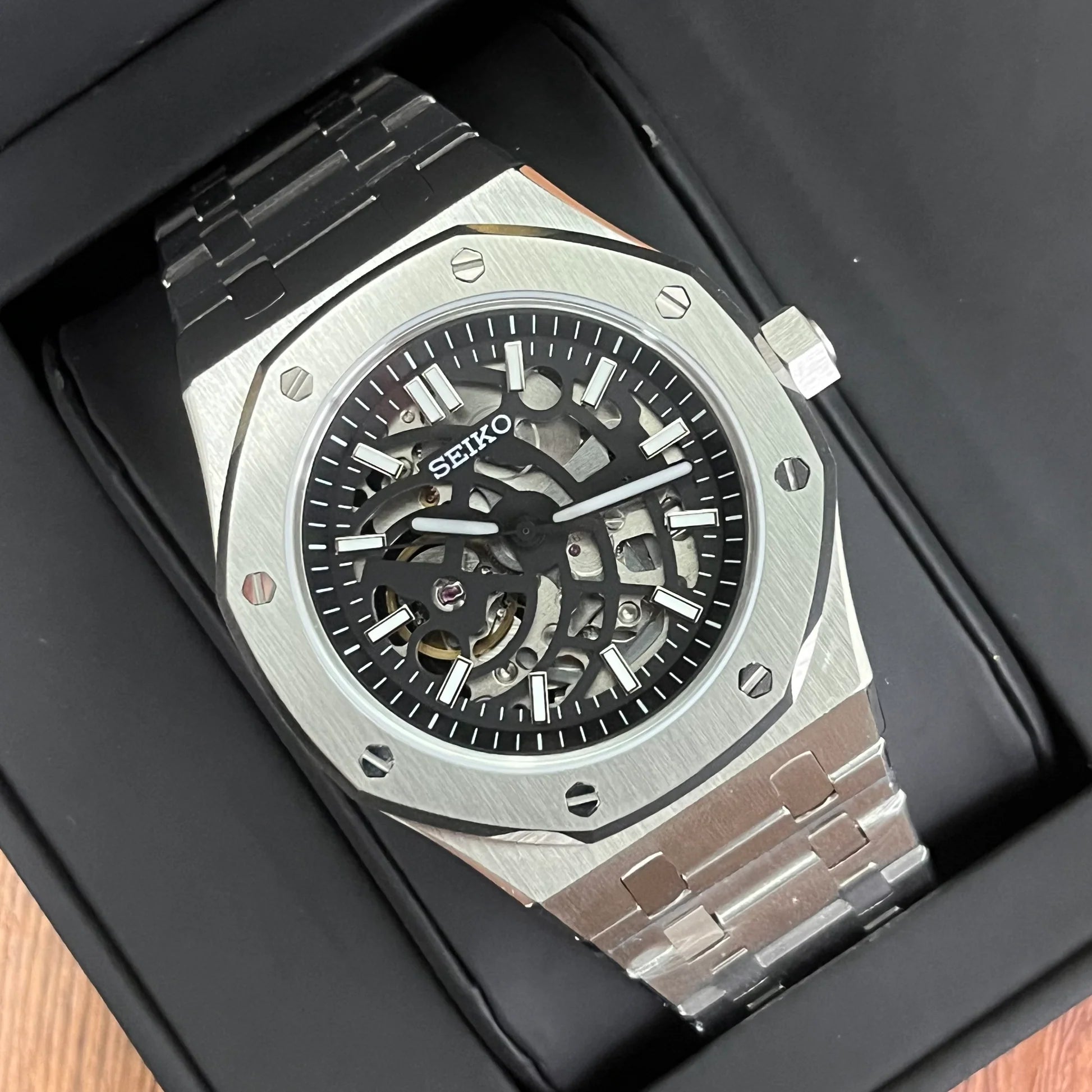 Luxury Japanese Watch | Automatic Skeleton Movement | Black Dial with Exposed Mechanics | Stainless Steel Case & Bracelet