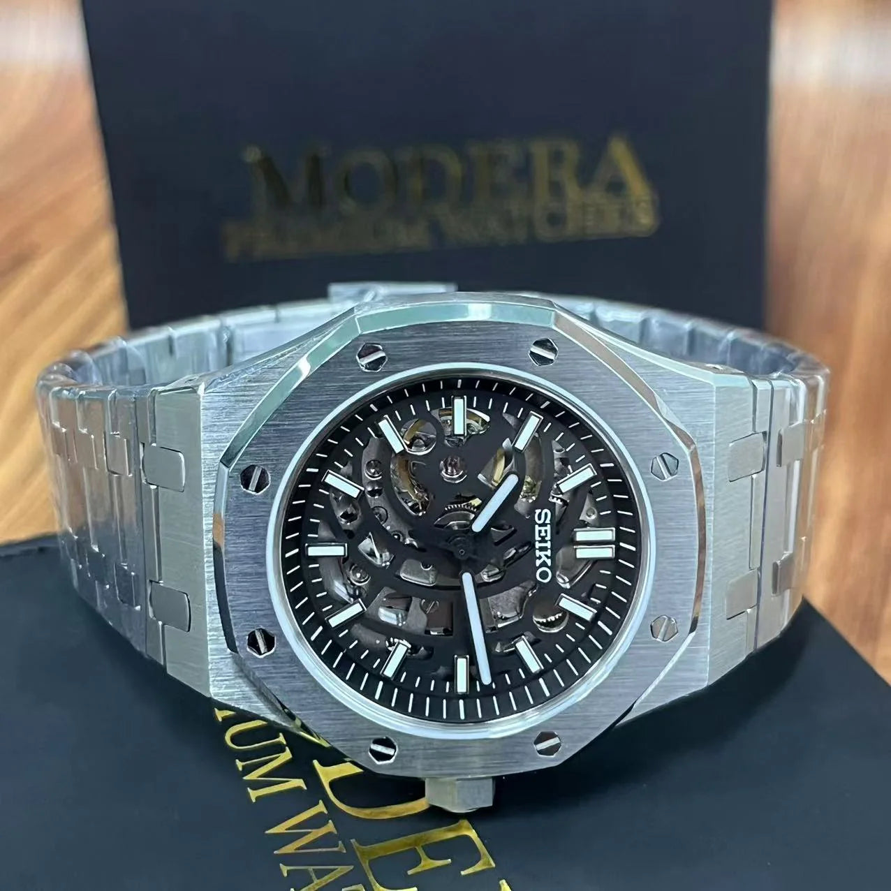 Luxury Japanese Watch | Automatic Skeleton Movement | Black Dial with Exposed Mechanics | Stainless Steel Case & Bracelet