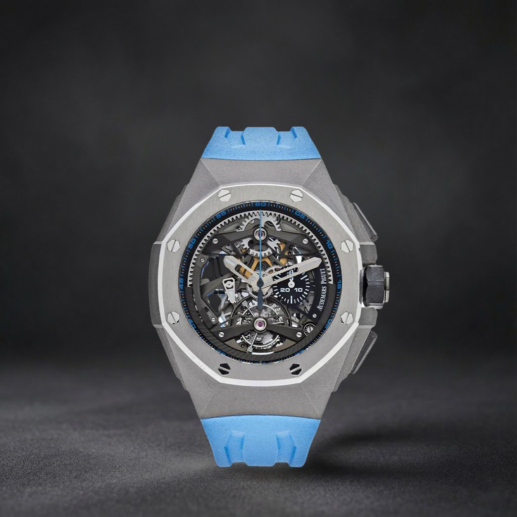 Luxury Swiss-Style Watch | Automatic Chronograph | Skeleton Dial with Blue Accents | 904L Stainless Steel Case | Sport Rubber Strap