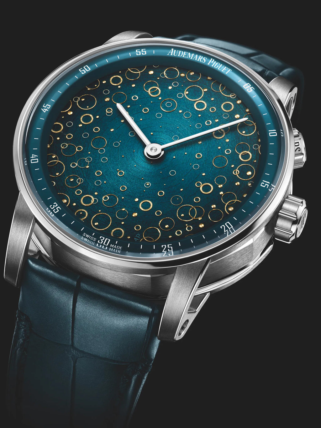 Luxury Swiss-Style Watch | Automatic Movement | Artistic Teal Dial with Gold Circle Pattern | 904L Stainless Steel Case | Leather Strap