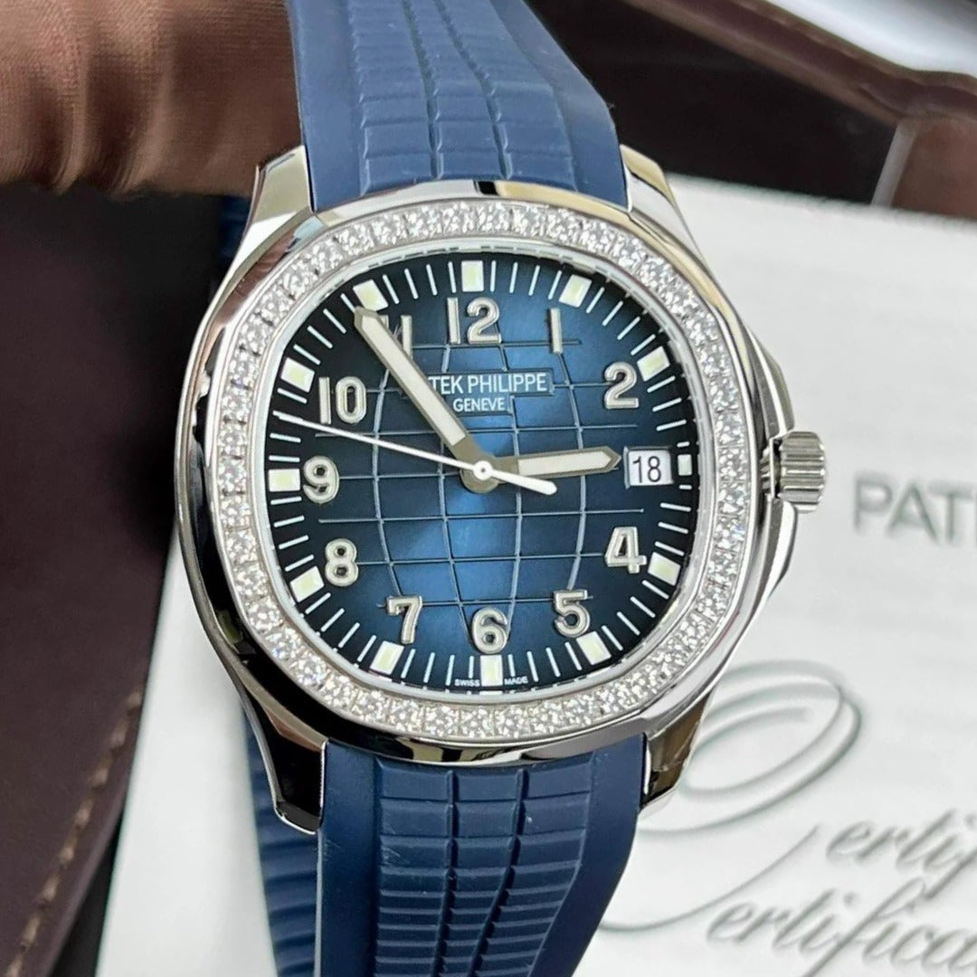 Luxury Swiss-Style Watch | Automatic Movement | Ice Blue Textured Dial | Stainless Steel Case | Blue Rubber Strap | Sport Elegance Design