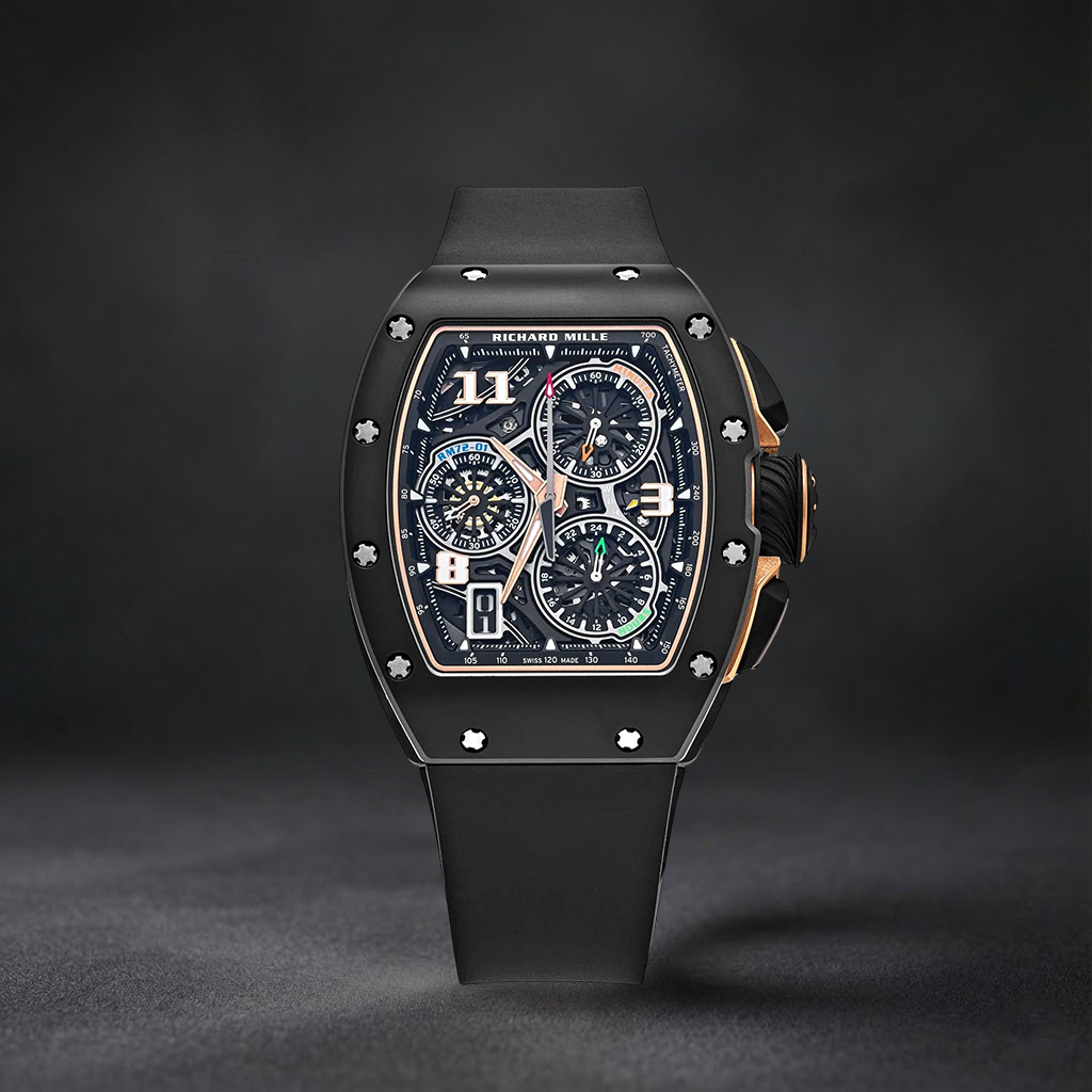 Luxury Swiss-Style Watch | Chronograph Automatic Movement | Stainless Steel Case | Black Rubber Strap | Richard Mille Design