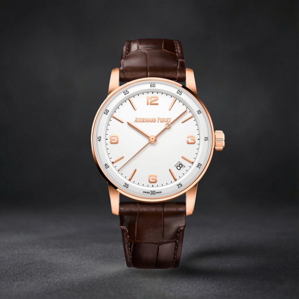Luxury Swiss-Style Watch | Automatic Movement | White Dial with Rose-Tone Hour Markers | 904L Stainless Steel Case | Brown Leather Strap