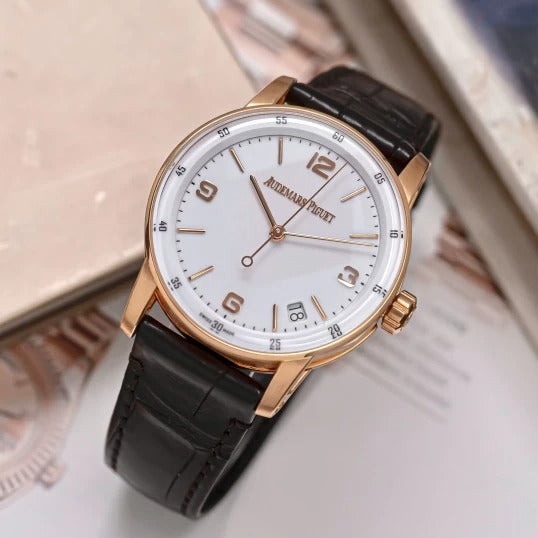 Luxury Swiss-Style Watch | Automatic Movement | White Dial with Rose-Tone Hour Markers | 904L Stainless Steel Case | Brown Leather Strap