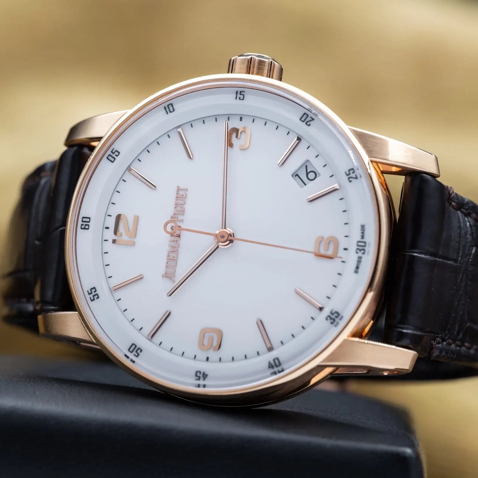 Luxury Swiss-Style Watch | Automatic Movement | White Dial with Rose-Tone Hour Markers | 904L Stainless Steel Case | Brown Leather Strap