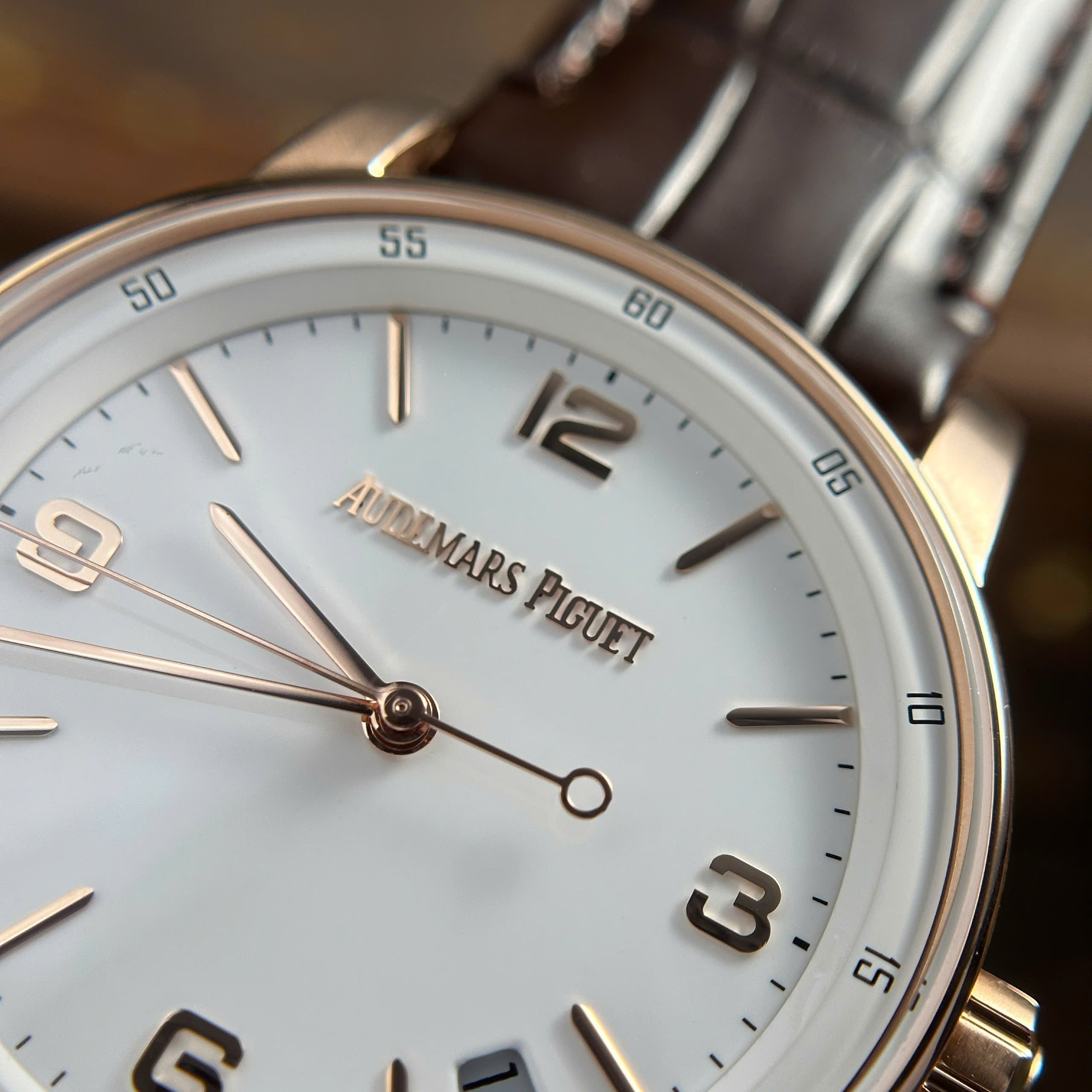 Luxury Swiss-Style Watch | Automatic Movement | White Dial with Rose-Tone Hour Markers | 904L Stainless Steel Case | Brown Leather Strap