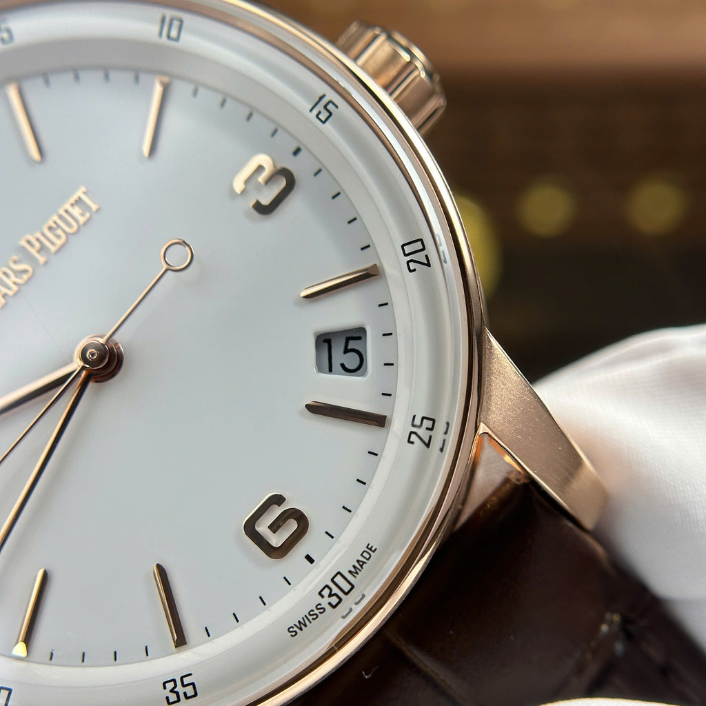 Luxury Swiss-Style Watch | Automatic Movement | White Dial with Rose-Tone Hour Markers | 904L Stainless Steel Case | Brown Leather Strap