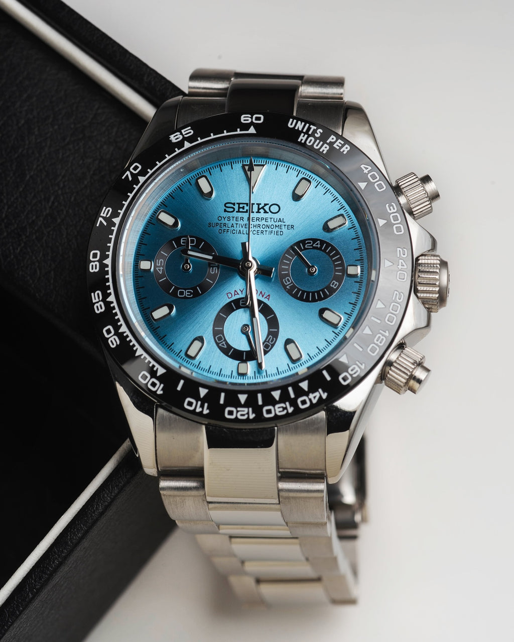 Automatic Mod Watch Blue Arabic Dial | 904L Stainless Steel Case | Smooth Bezel | Blue Dial with with Diamonds Indexes | Jubilee Bracelet