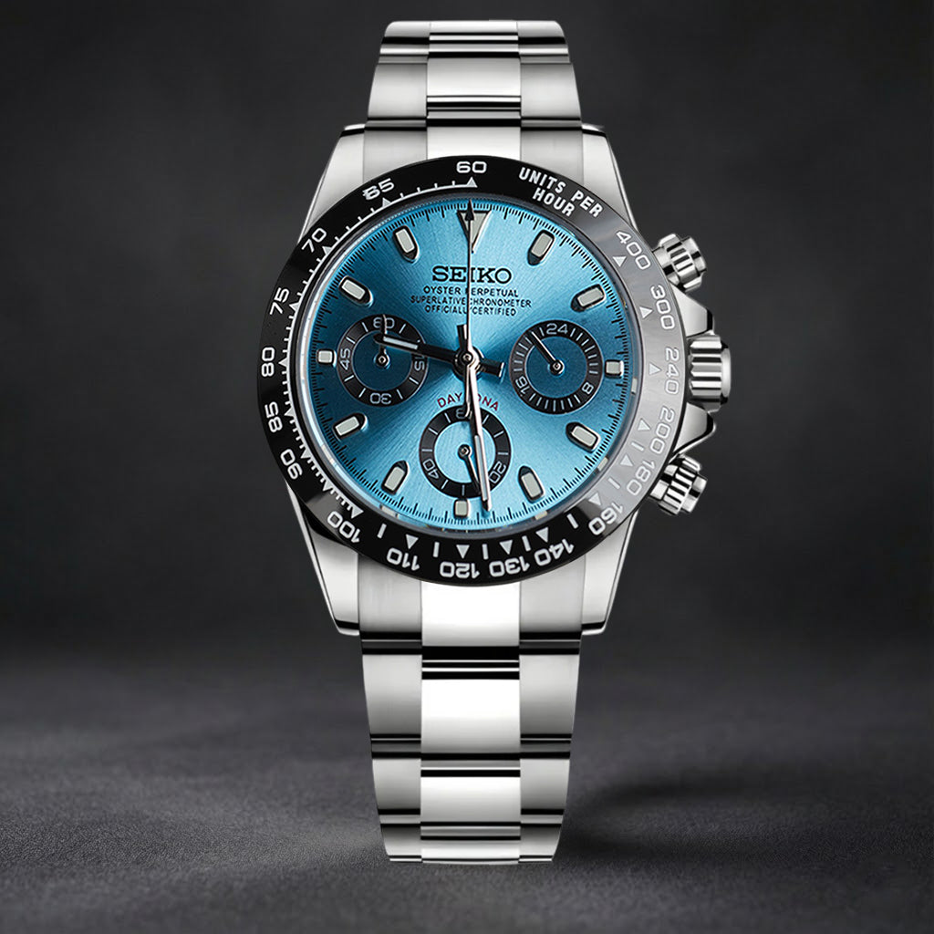 Automatic Mod Watch Blue Arabic Dial | 904L Stainless Steel Case | Smooth Bezel | Blue Dial with with Diamonds Indexes | Jubilee Bracelet