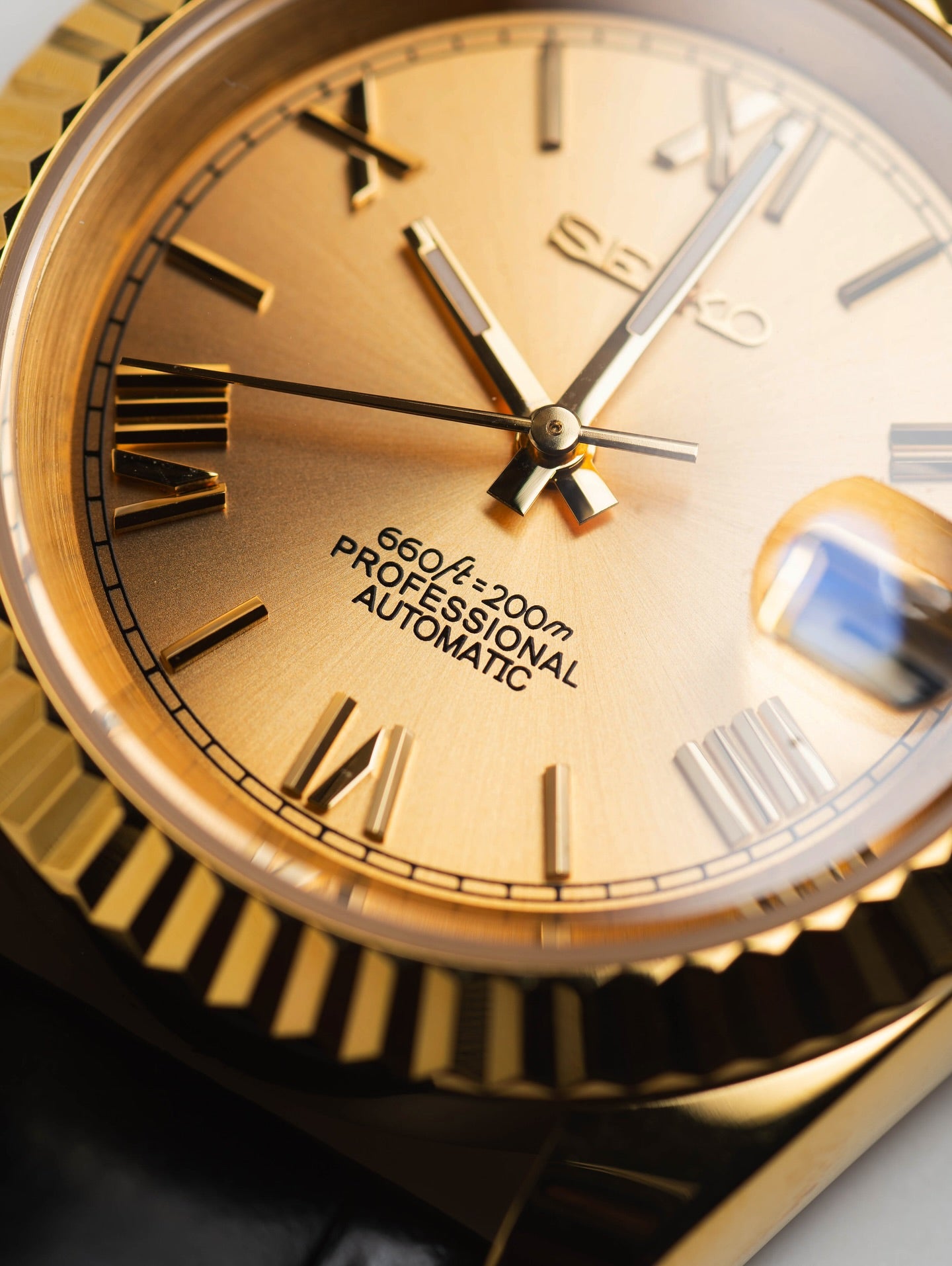 Automatic Mod Watch Leather Strap | Gold- Black Case | Smooth Bezel | Gold Dial with Roman Indexes | Jubilee Bracelet