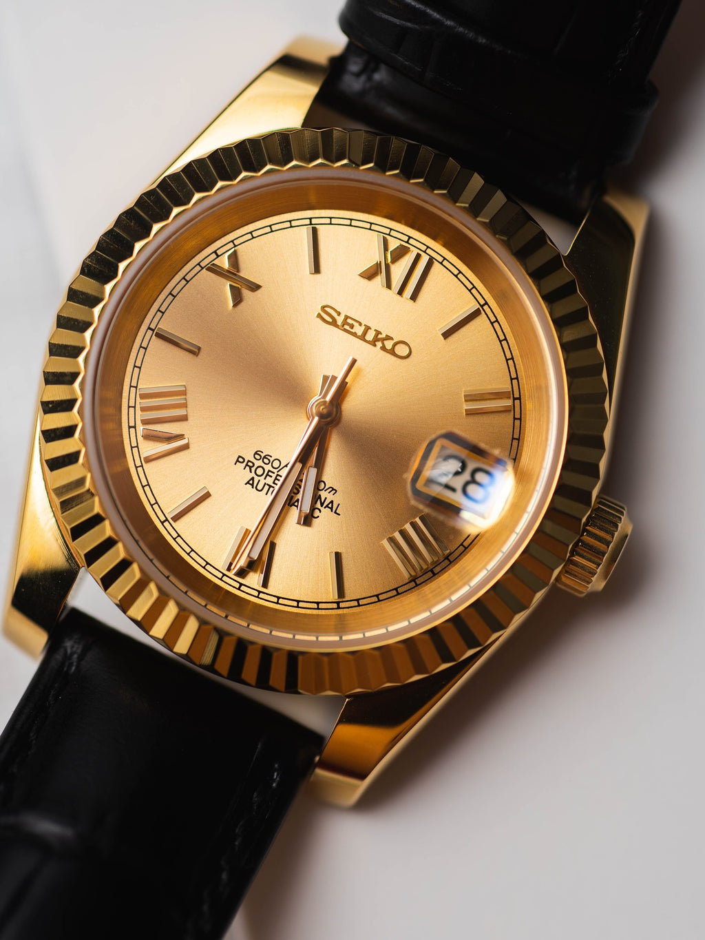 Automatic Mod Watch Leather Strap | Gold- Black Case | Smooth Bezel | Gold Dial with Roman Indexes | Jubilee Bracelet