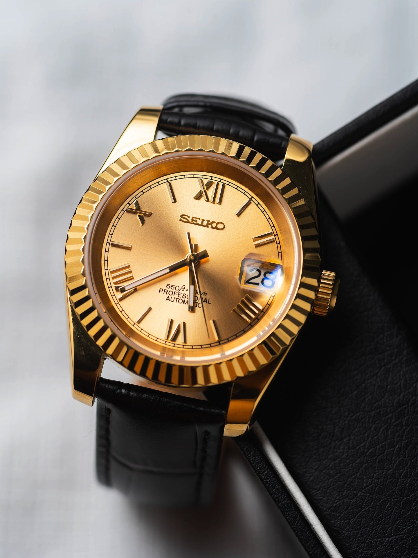 Automatic Mod Watch Leather Strap | Gold- Black Case | Smooth Bezel | Gold Dial with Roman Indexes | Jubilee Bracelet