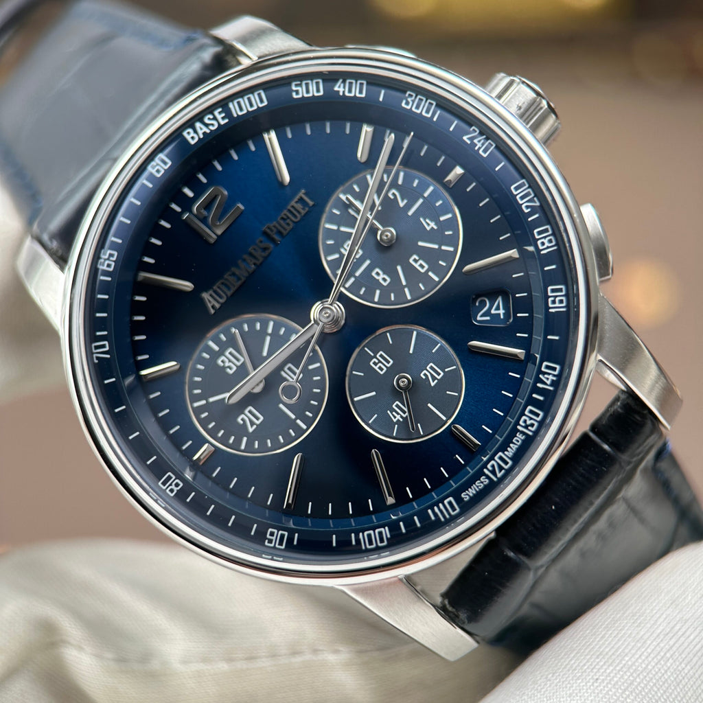 Luxury Swiss-Style Watch | Automatic Chronograph | Blue Dial with Multiple Sub-Dials | 904L Stainless Steel Case | Leather Strap