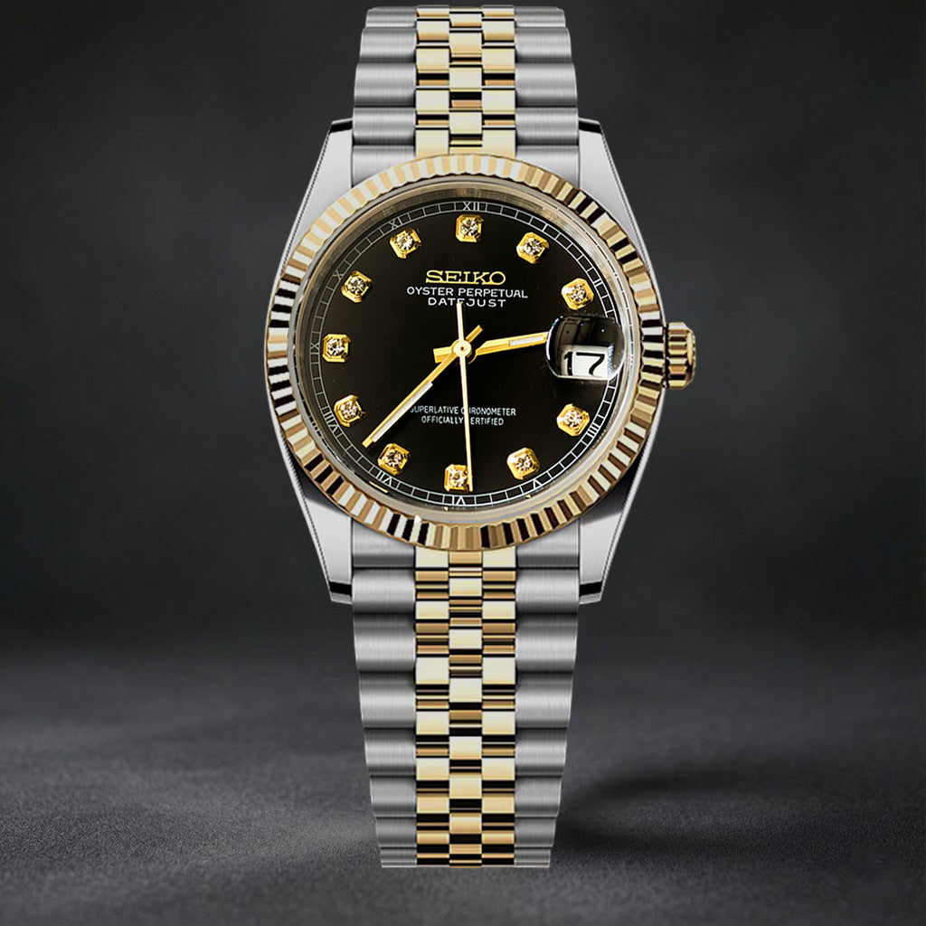 Automatic Mod Watch Black Gold Dial | 316L Stainless Steel Case | Smooth Bezel | Gold Dial with with Diamonds Indexes | Jubilee Bracelet
