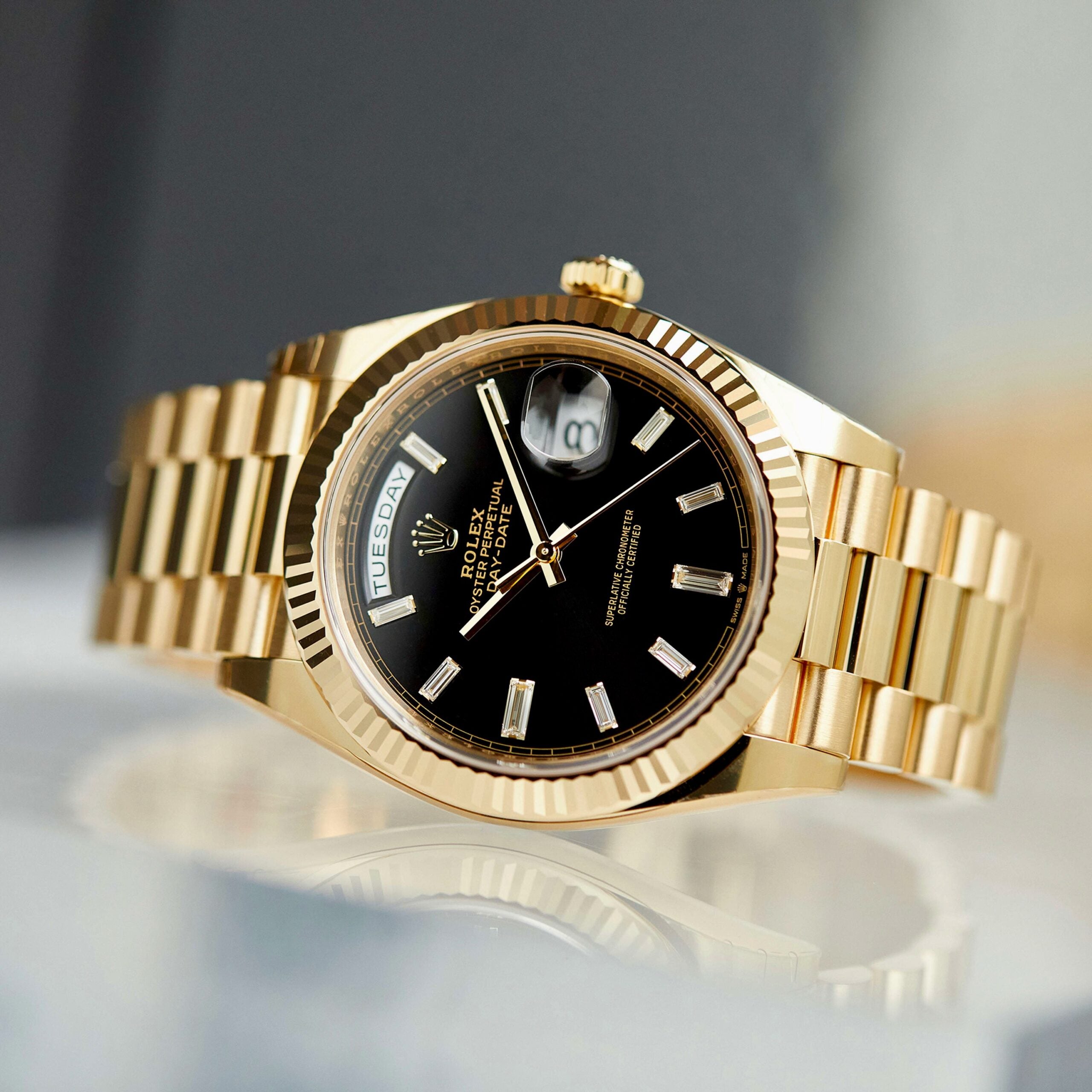 Luxury Swiss Watch | Day-Date | Automatic | Black Dial | 904L stainless steel bracelet | Fluted Bezel