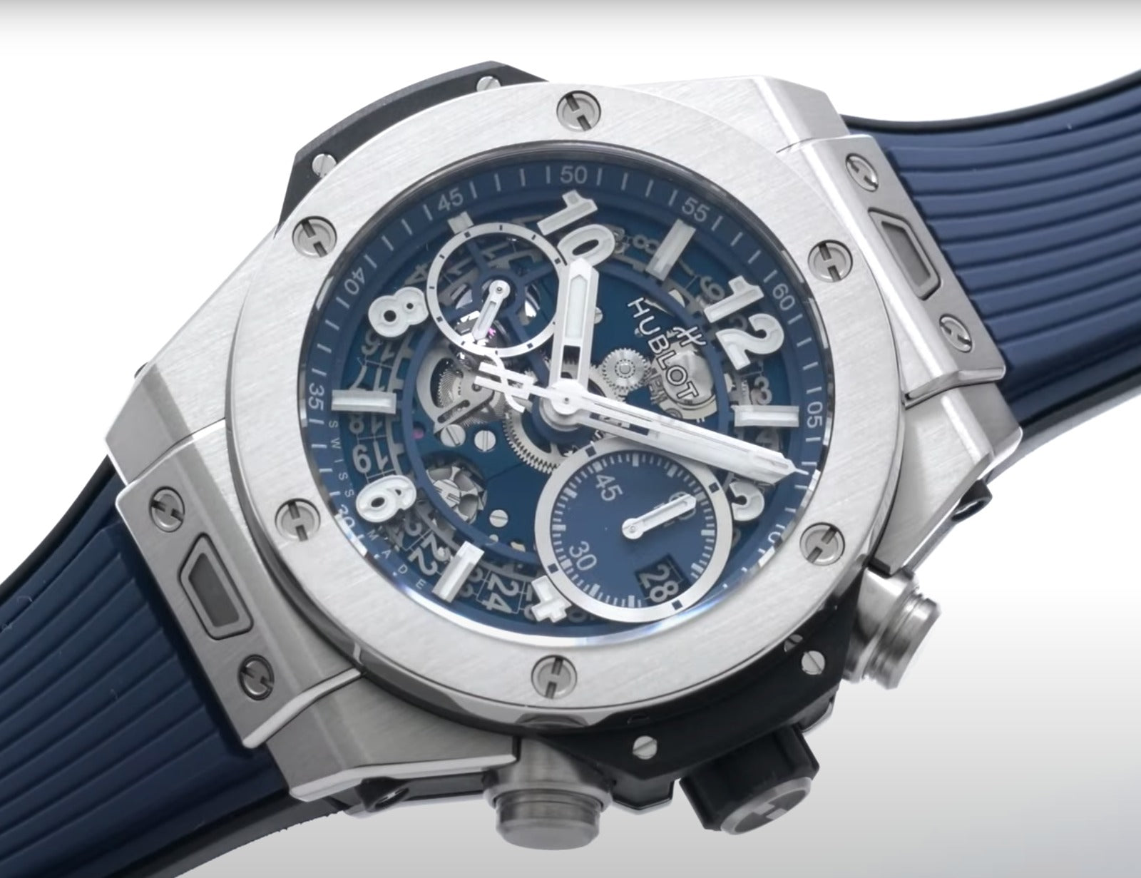 Luxury Swiss Watch | Big Bang | Automatic Chronograph | Blue Skeleton Dial | Stainless Steel Case | Blue Rubber Strap