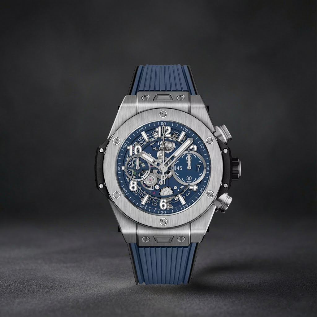 Luxury Swiss Watch | Big Bang | Automatic Chronograph | Blue Skeleton Dial | Stainless Steel Case | Blue Rubber Strap