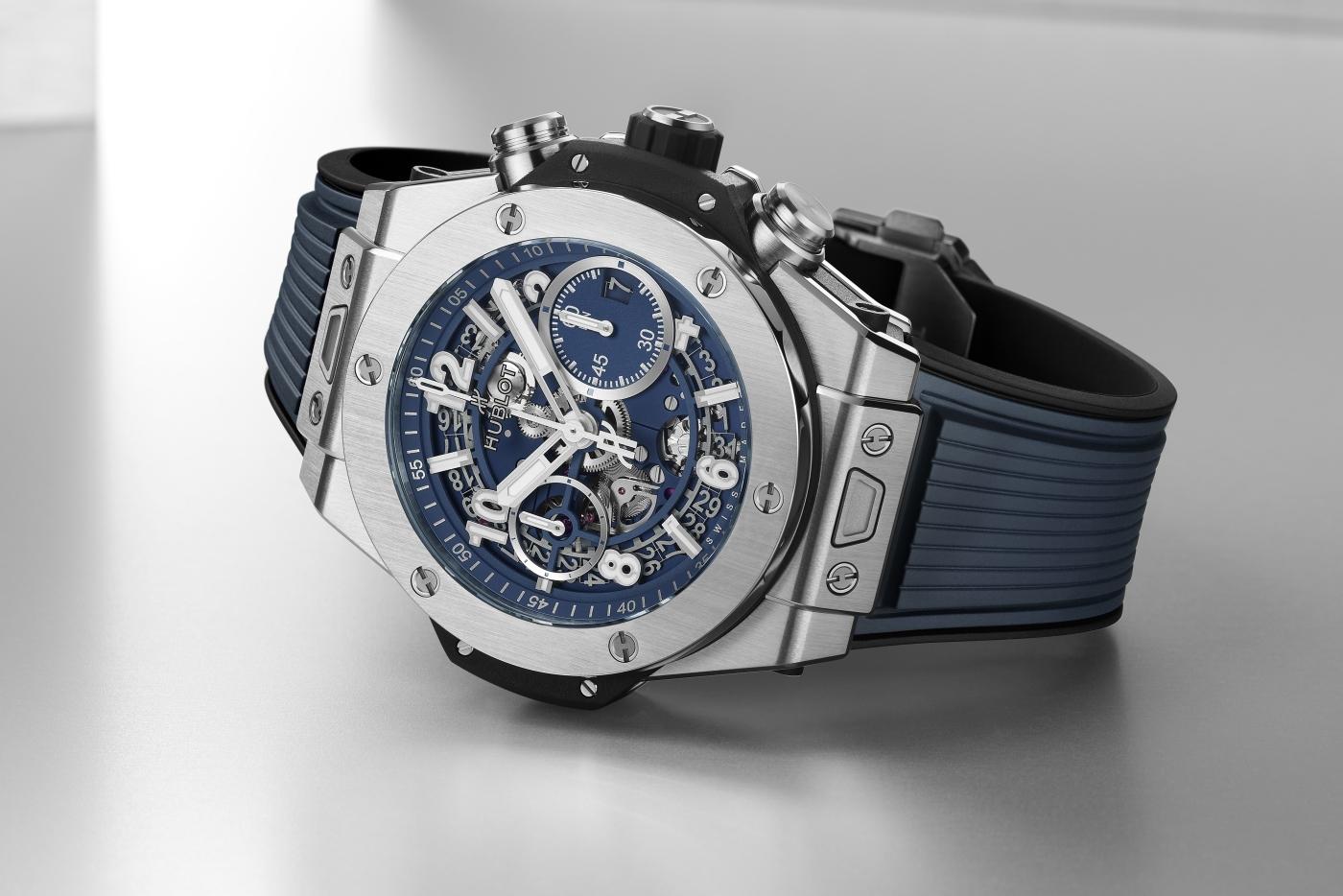 Luxury Swiss Watch | Big Bang | Automatic Chronograph | Blue Skeleton Dial | Stainless Steel Case | Blue Rubber Strap