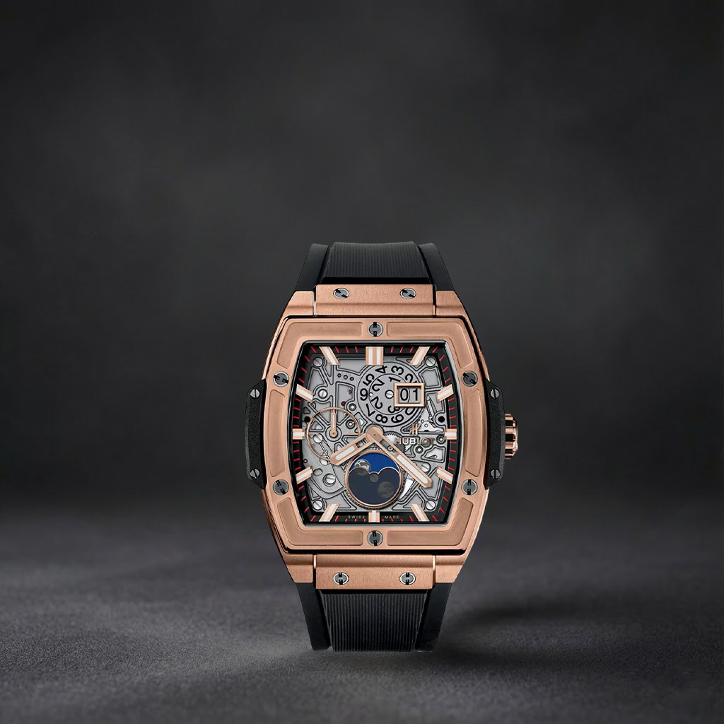 Luxury Swiss Watch | Spirit of Big Bang | Automatic Moonphase | Skeleton Dial | 904L Stainless Steel Case | Black Rubber Strap