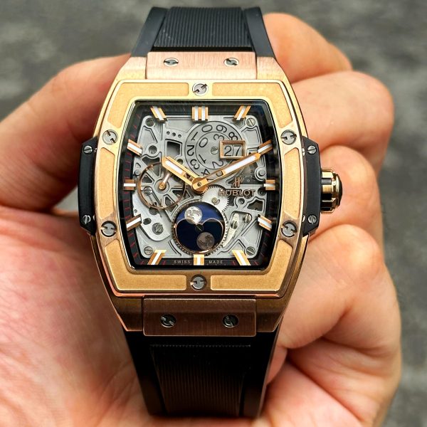 Luxury Swiss Watch | Spirit of Big Bang | Automatic Moonphase | Skeleton Dial | 904L Stainless Steel Case | Black Rubber Strap