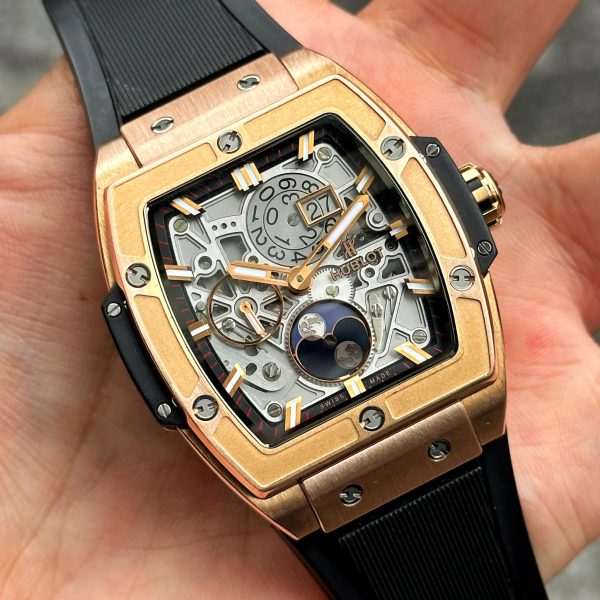Luxury Swiss Watch | Spirit of Big Bang | Automatic Moonphase | Skeleton Dial | 904L Stainless Steel Case | Black Rubber Strap