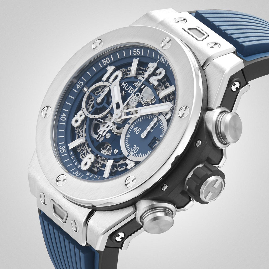 Luxury Swiss Watch | Big Bang | Automatic Chronograph | Blue Skeleton Dial | Stainless Steel Case | Blue Rubber Strap
