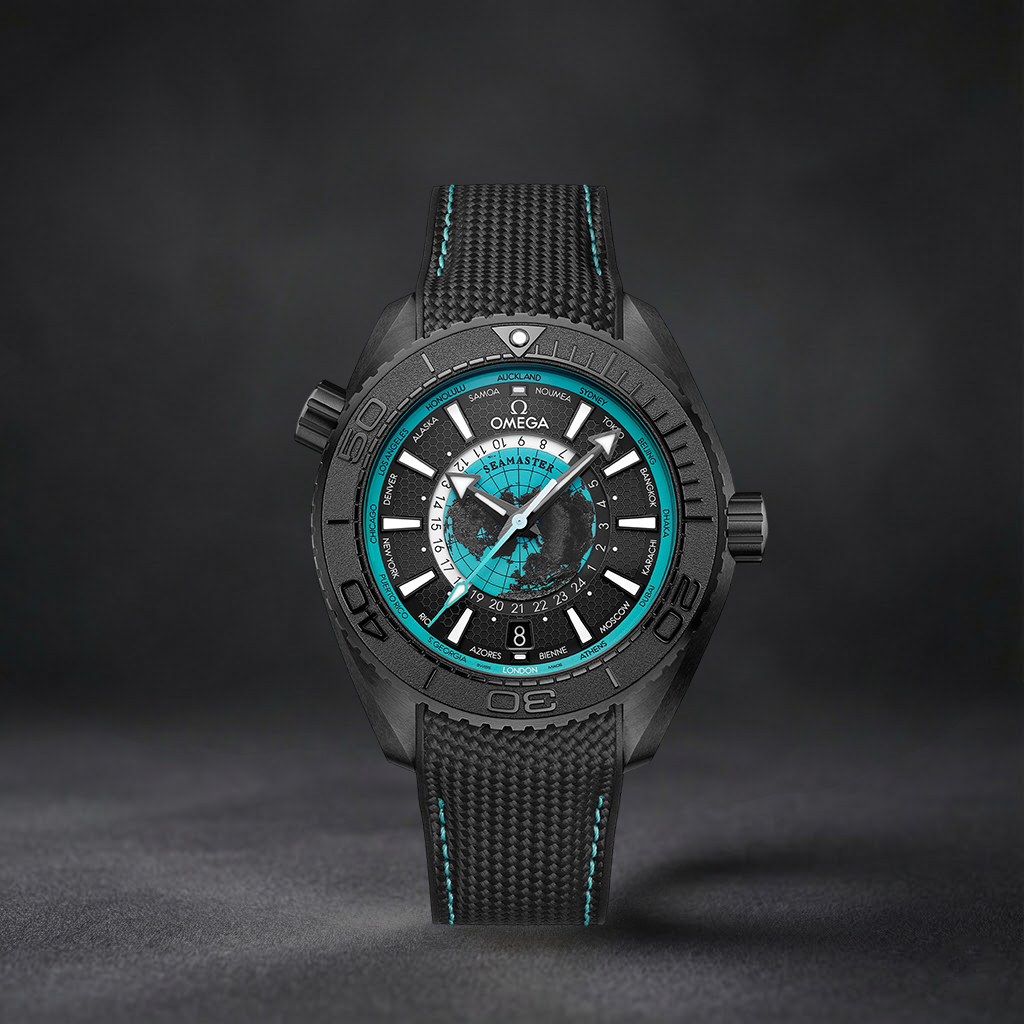 Luxury Swiss Watch | Planet Ocean Worldtimer | Automatic GMT | Black & Turquoise Dial | 904L Stainless Steel Case | Fabric Strap