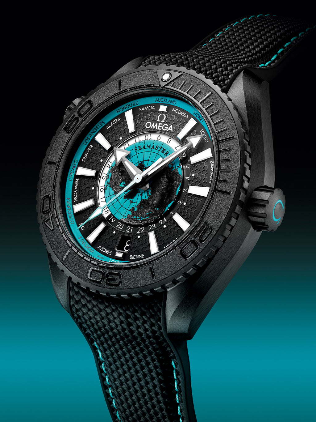 Luxury Swiss Watch | Planet Ocean Worldtimer | Automatic GMT | Black & Turquoise Dial | 904L Stainless Steel Case | Fabric Strap