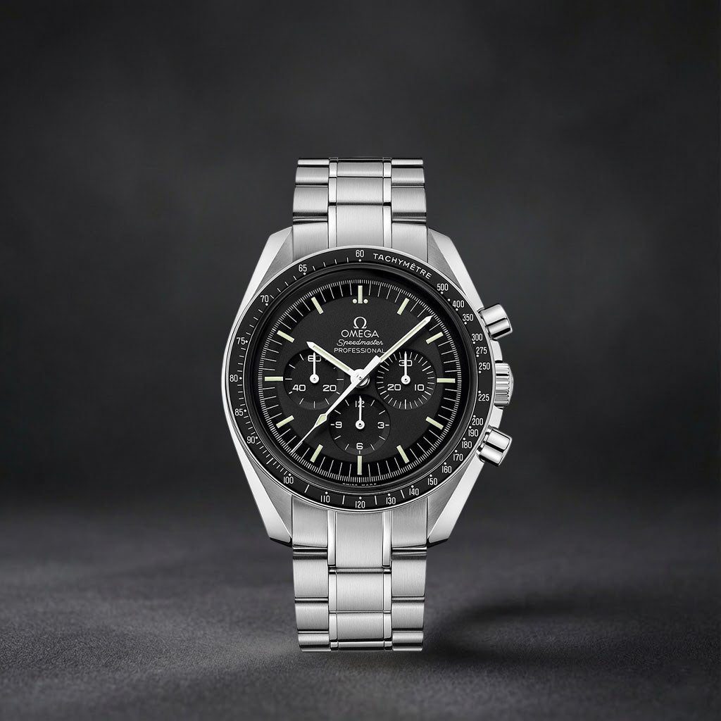 Luxury Swiss Watch | Omega Speedmaster | Automatic Chronograph | Black Dial | 904L Stainless Steel Bracelet | Tachymeter Bezel