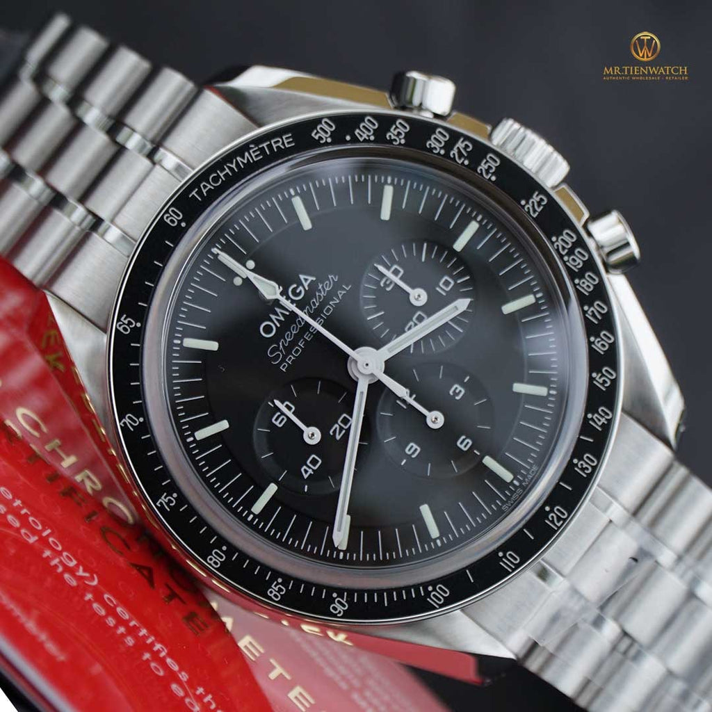 Luxury Swiss Watch | Omega Speedmaster | Automatic Chronograph | Black Dial | 904L Stainless Steel Bracelet | Tachymeter Bezel
