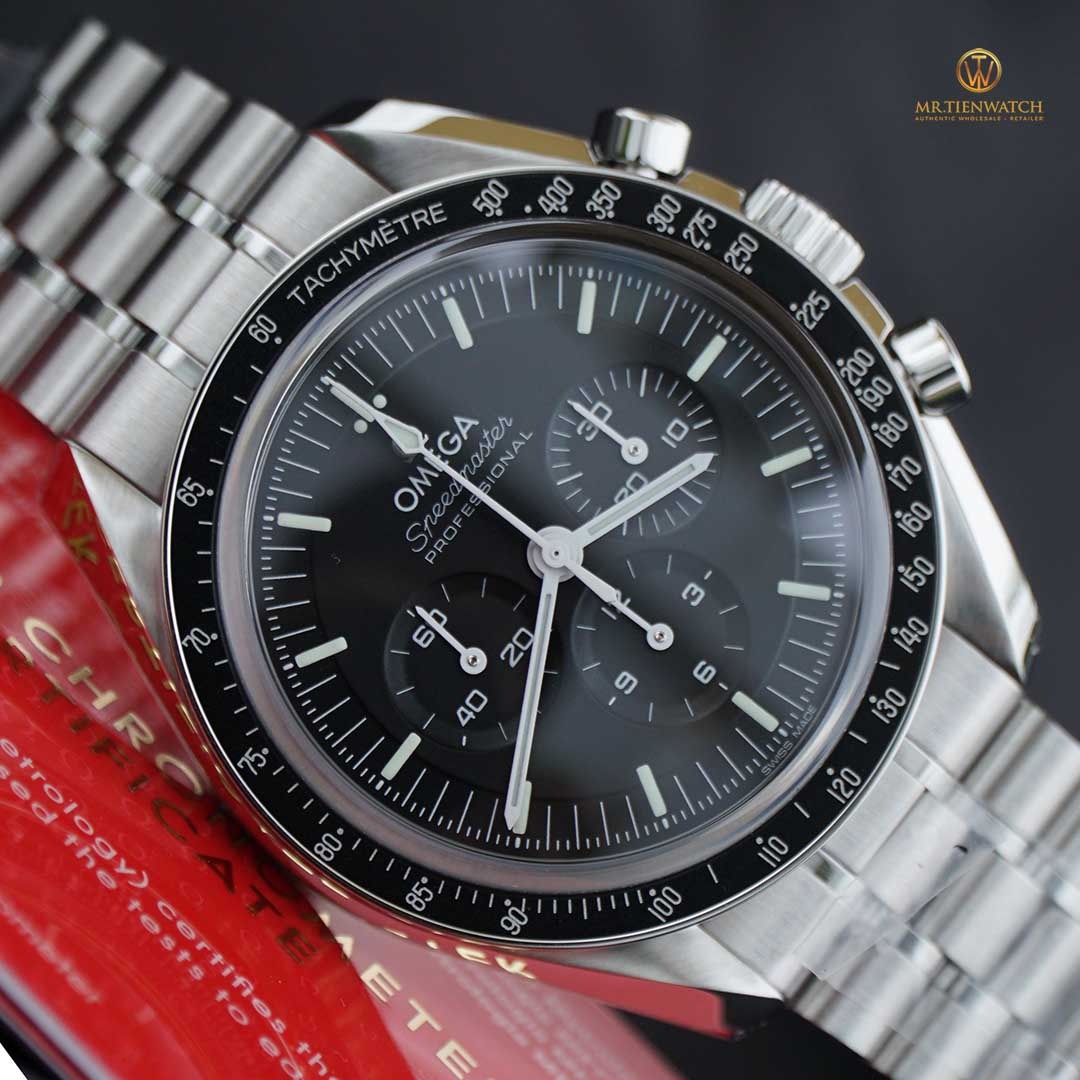 Luxury Swiss Watch | Omega Speedmaster | Automatic Chronograph | Black Dial | 904L Stainless Steel Bracelet | Tachymeter Bezel