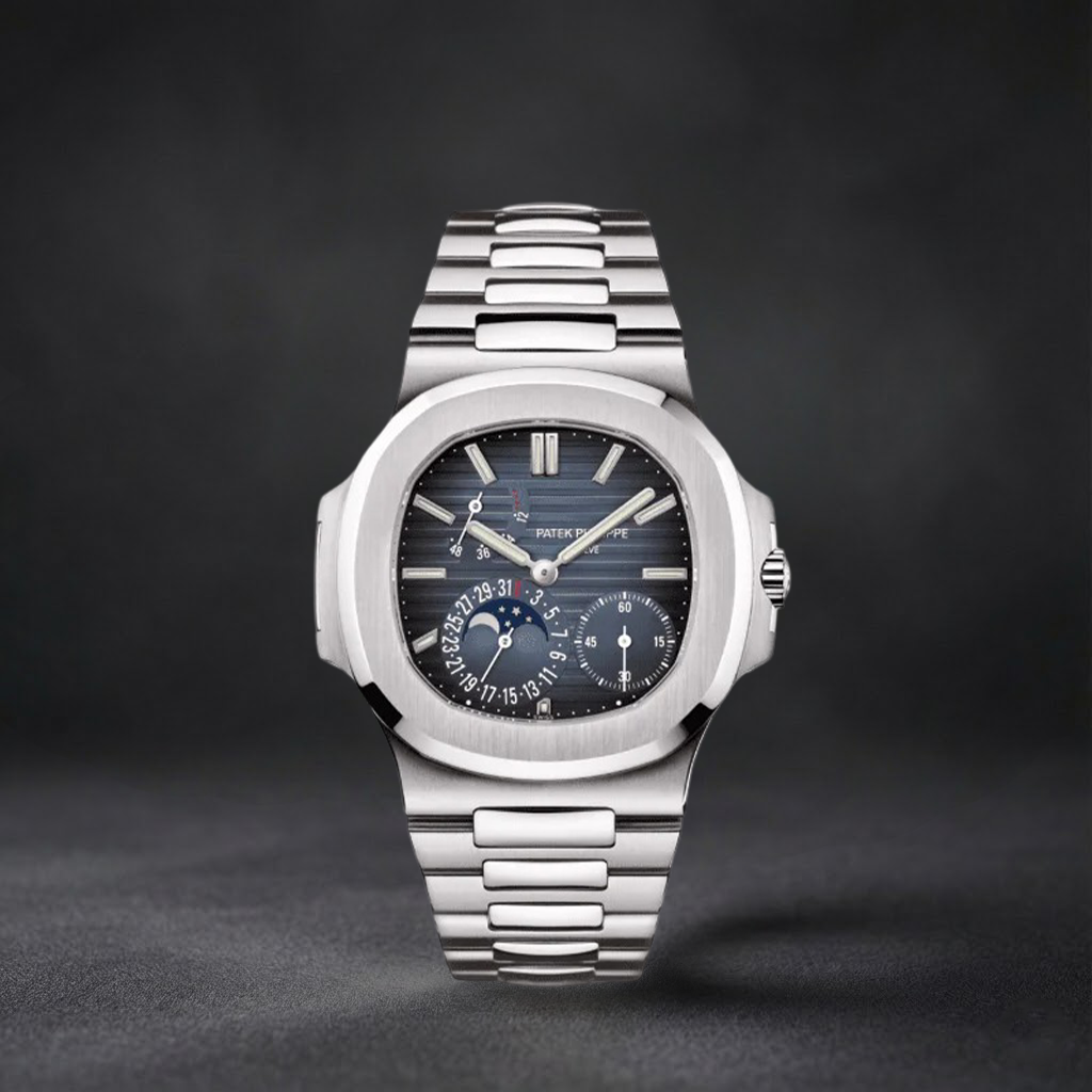 Luxury Swiss Watch | Nautilus Style | Automatic Annual Calendar | Blue Dial | Stainless Steel Integrated Bracelet | Luxury Sport Design