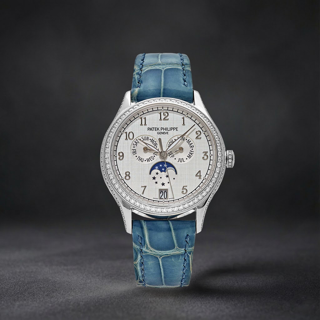 Luxury Swiss Style Watch | Automatic Chronograph | White Dial | Blue Leather Strap | Day-Date & Moonphase Display