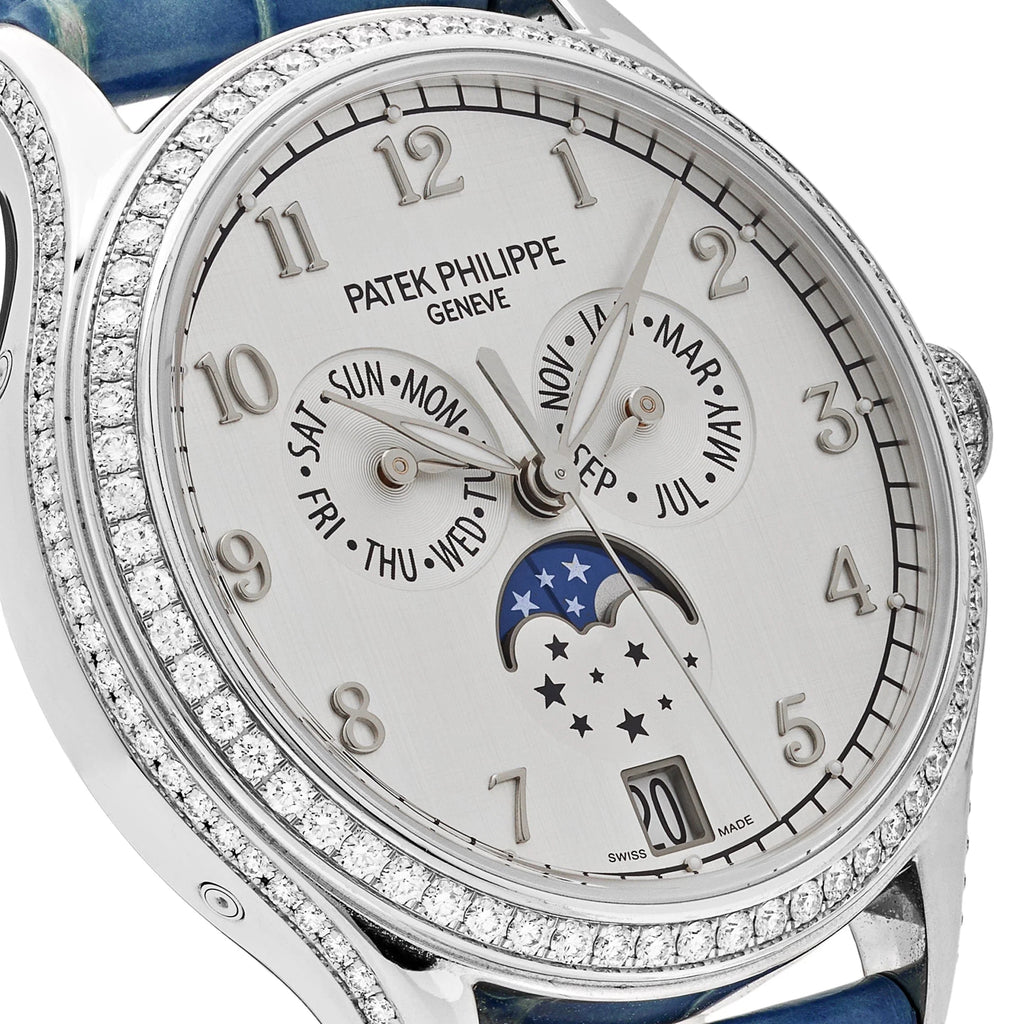 Luxury Swiss Style Watch | Automatic Chronograph | White Dial | Blue Leather Strap | Day-Date & Moonphase Display