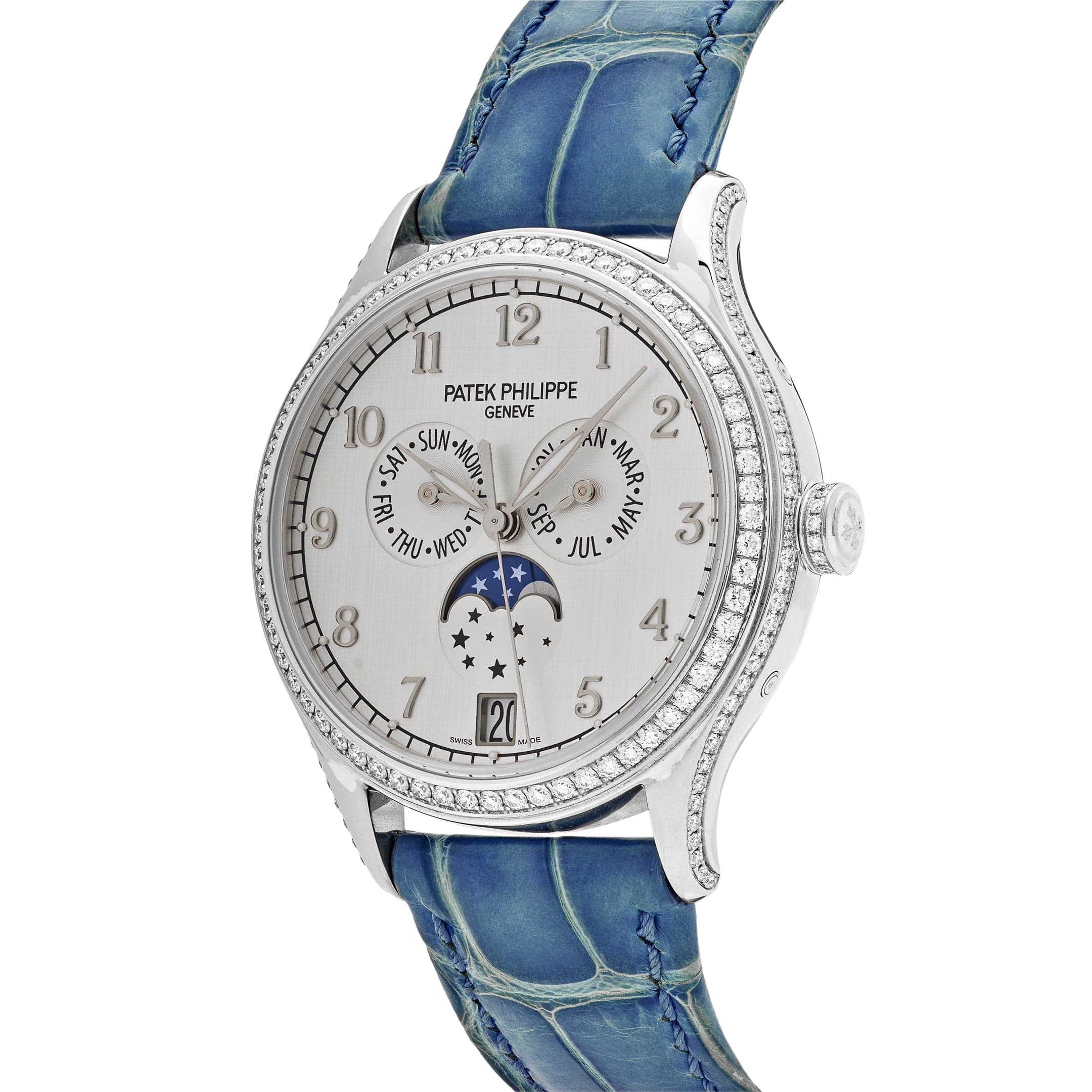 Luxury Swiss Style Watch | Automatic Chronograph | White Dial | Blue Leather Strap | Day-Date & Moonphase Display
