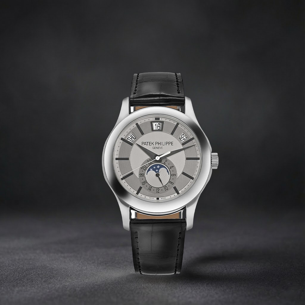 Luxury Swiss Style Watch | Automatic Chronograph | Stainless Steel Case | Black Leather Strap | Day-Date & Moonphase Display