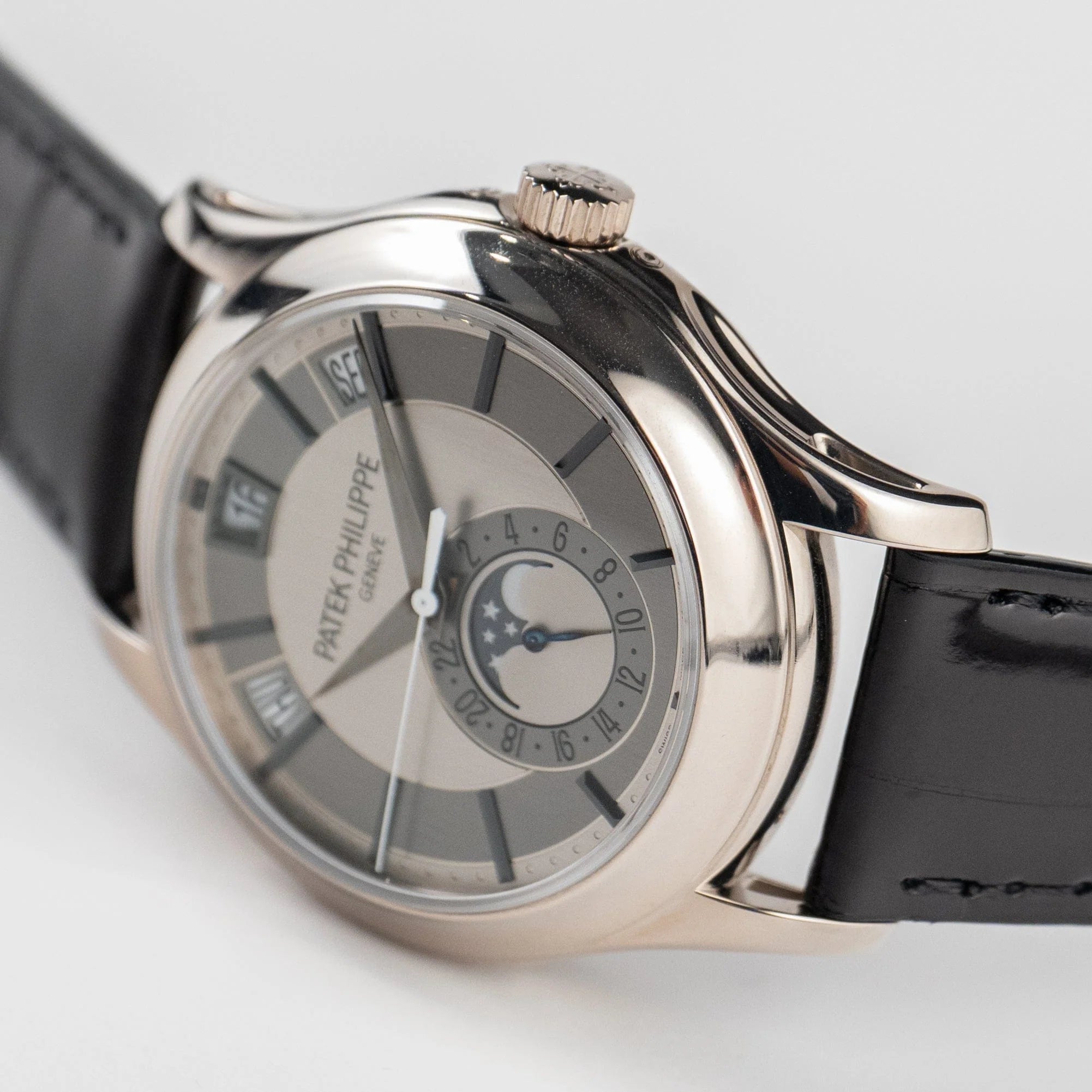 Luxury Swiss Style Watch | Automatic Chronograph | Stainless Steel Case | Black Leather Strap | Day-Date & Moonphase Display