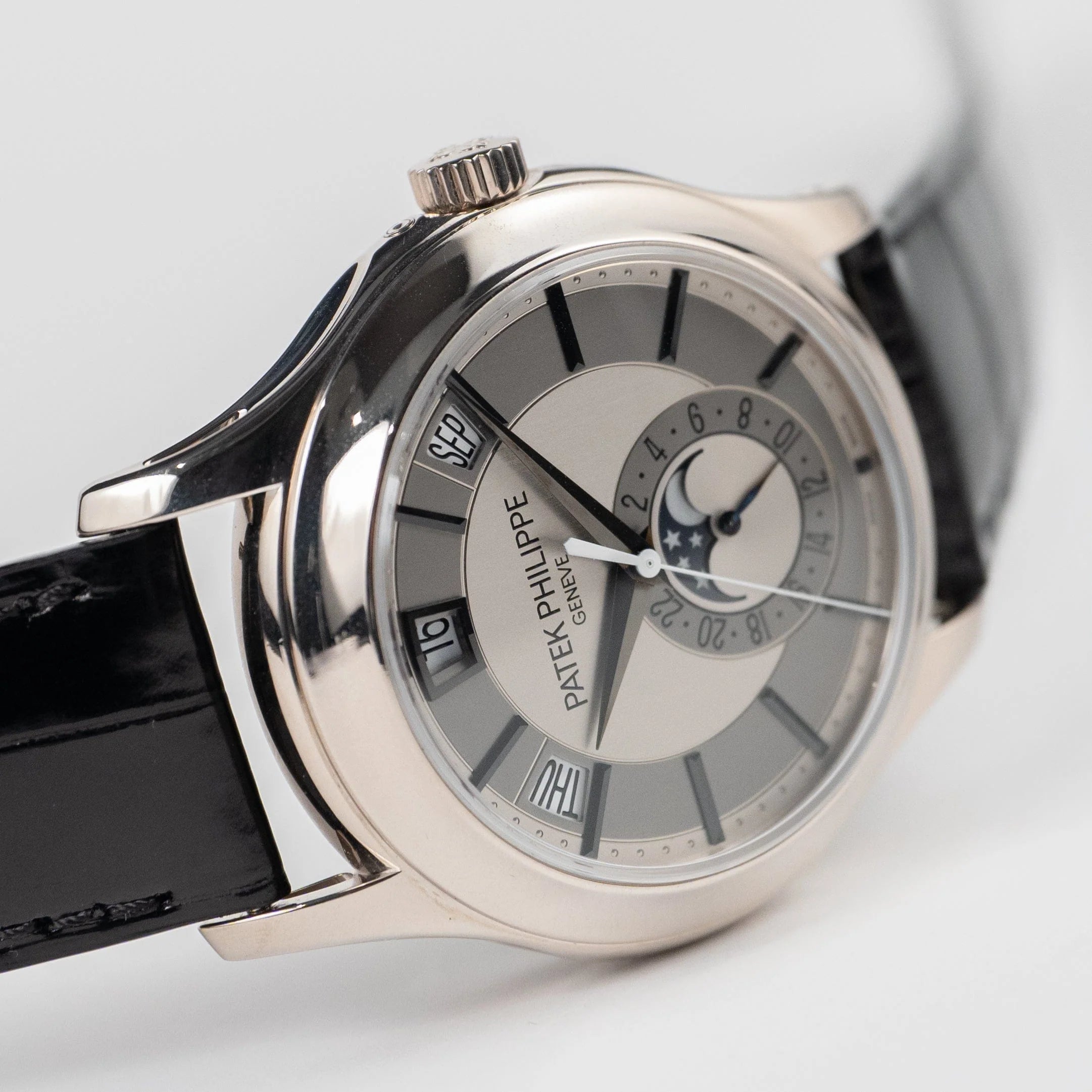 Luxury Swiss Style Watch | Automatic Chronograph | Stainless Steel Case | Black Leather Strap | Day-Date & Moonphase Display