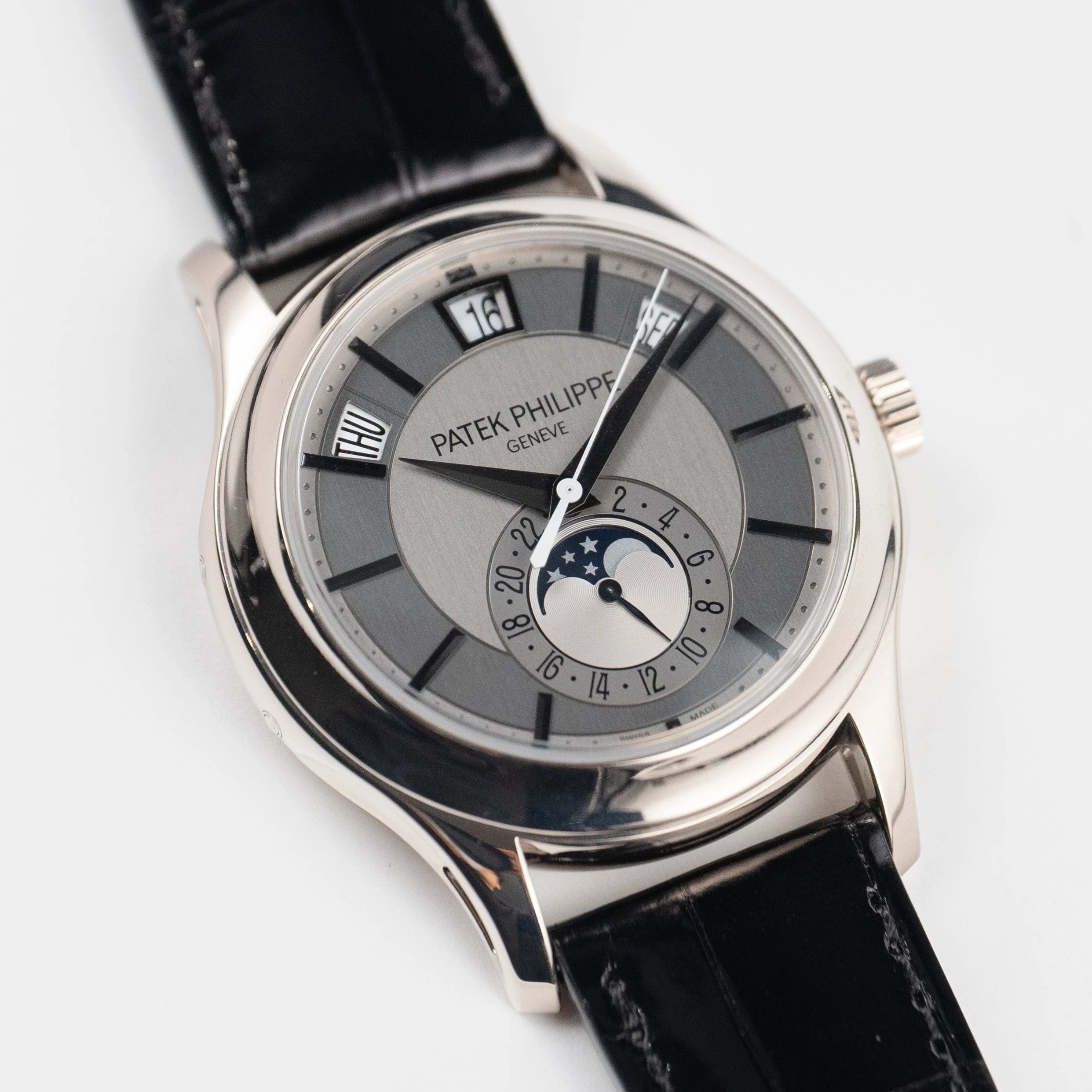 Luxury Swiss Style Watch | Automatic Chronograph | Stainless Steel Case | Black Leather Strap | Day-Date & Moonphase Display