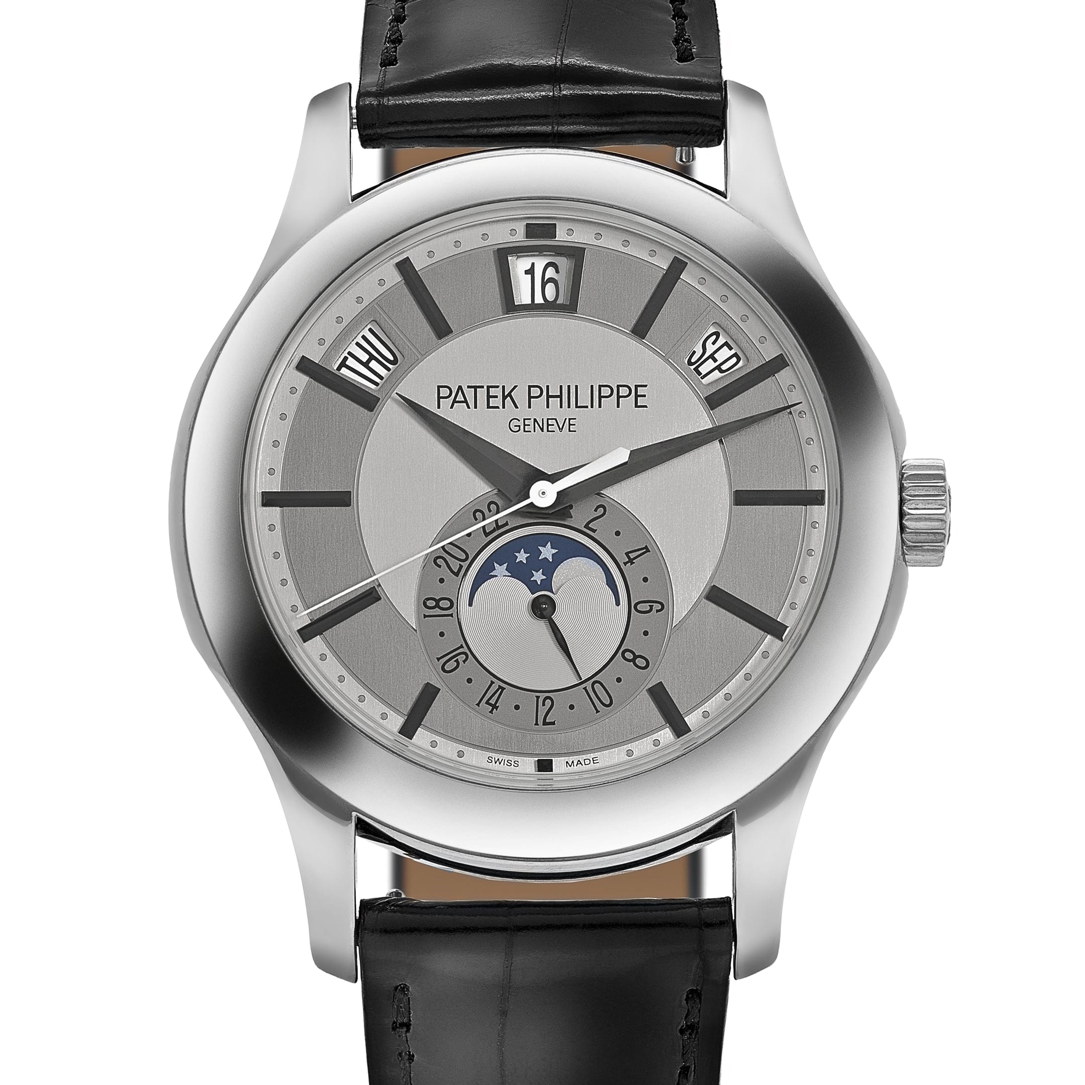 Luxury Swiss Style Watch | Automatic Chronograph | Stainless Steel Case | Black Leather Strap | Day-Date & Moonphase Display