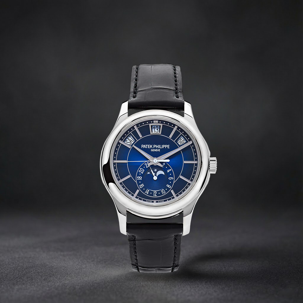 Luxury Swiss Style Watch | Automatic Chronograph | Blue Sunburst Dial | Stainless Steel Case | Black Leather Strap