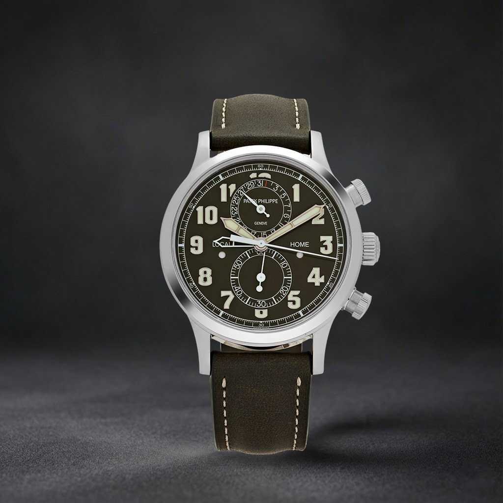 Luxury Swiss Style Watch | Automatic Chronograph | Olive Green Dial | Stainless Steel Case | Green Leather Strap