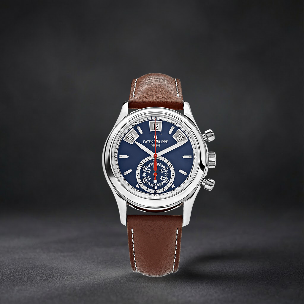 Luxury Swiss Style Watch | Automatic Chronograph | Blue Dial | Stainless Steel Case | Brown Leather Strap