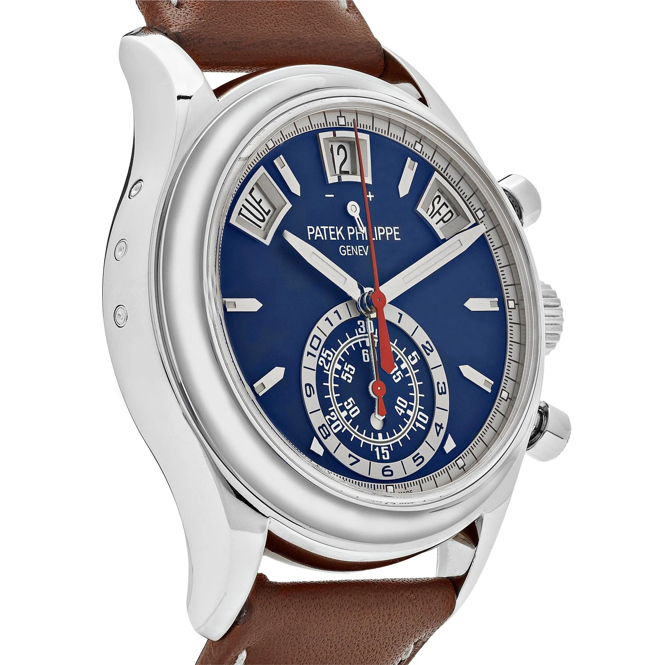 Luxury Swiss Style Watch | Automatic Chronograph | Blue Dial | Stainless Steel Case | Brown Leather Strap